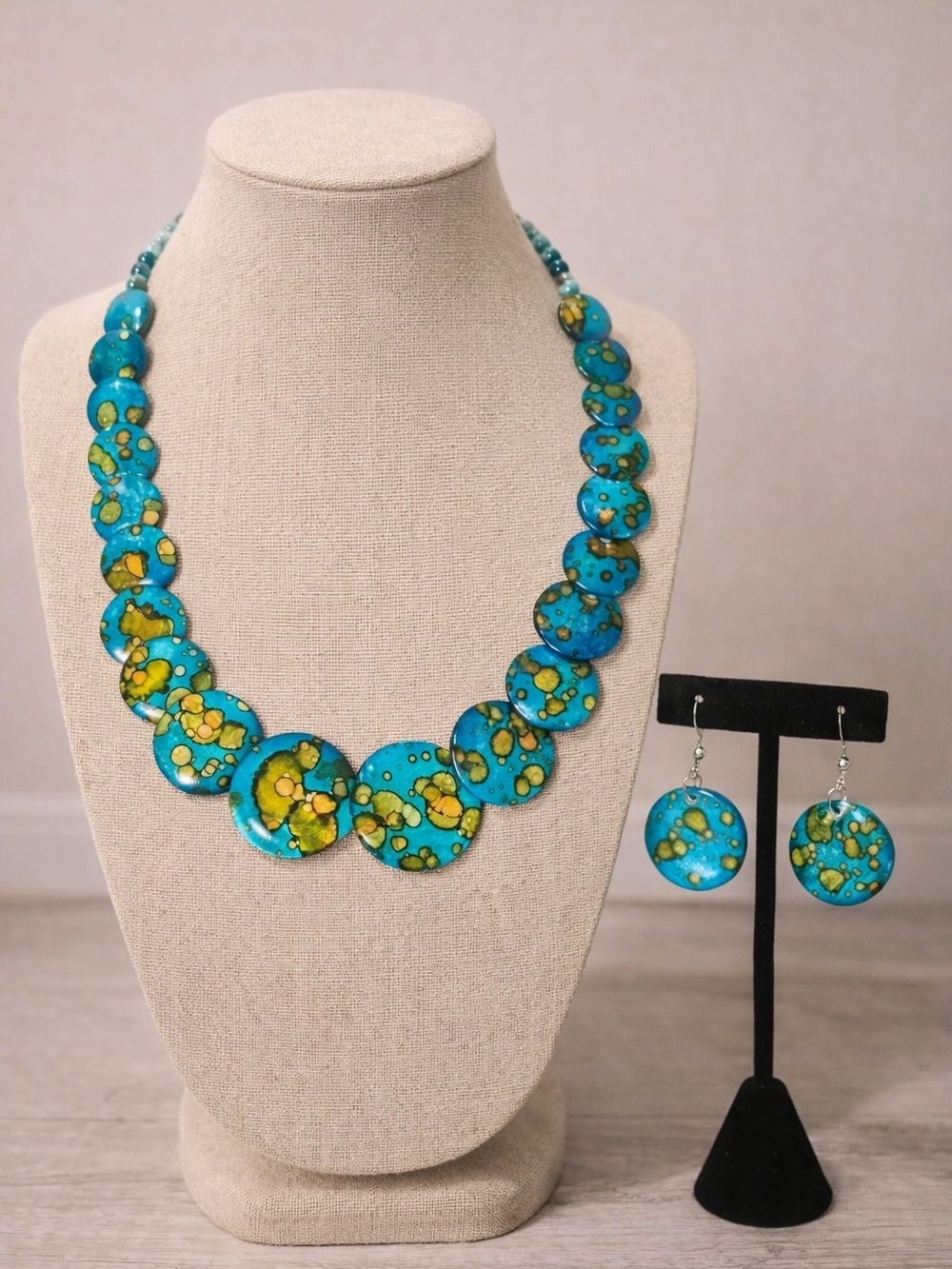 Handcrafted Turquoise and Yellow Disc Necklace with Matching Earrings